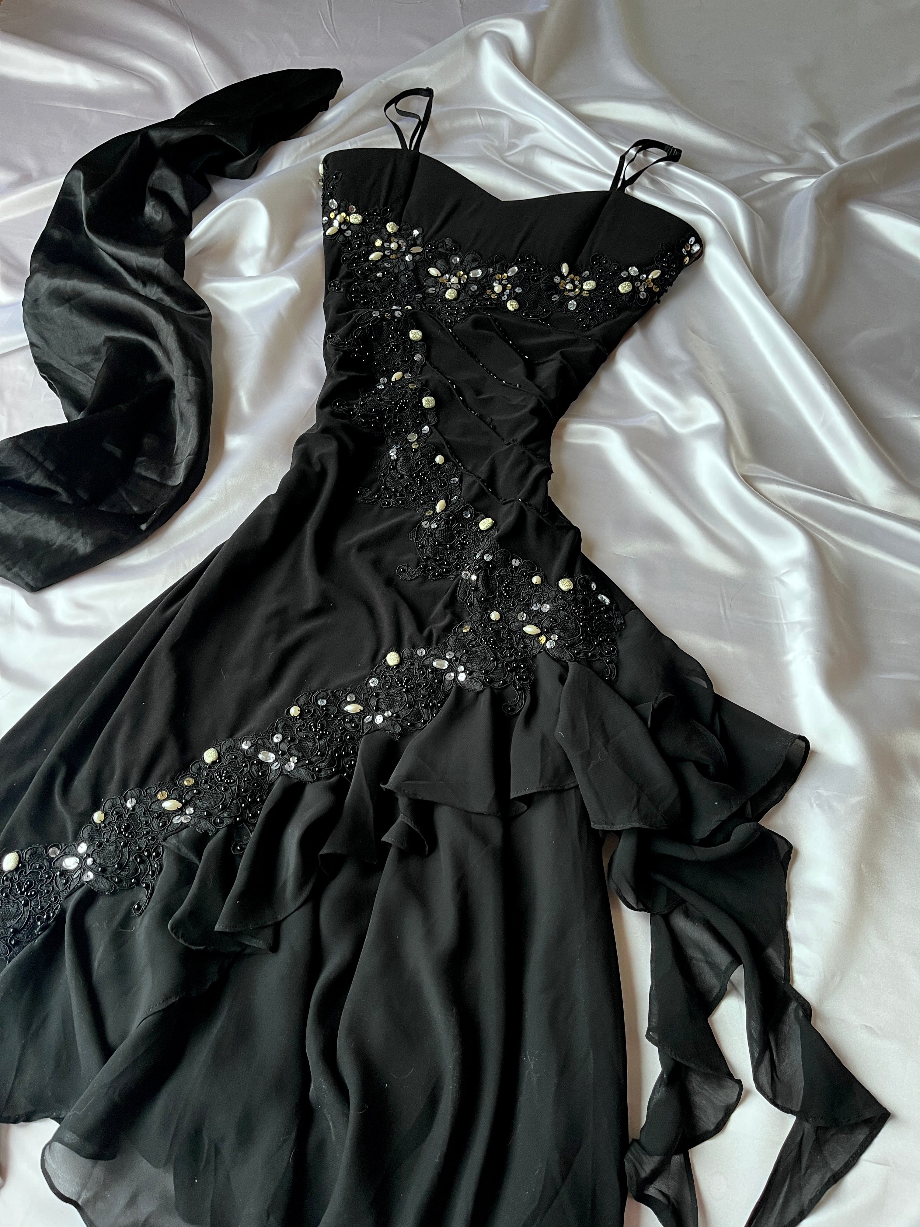 Elegant Black sparkly night dress + matching detailed dress scarf
