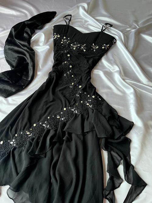 Elegant Black sparkly night dress + matching detailed dress scarf