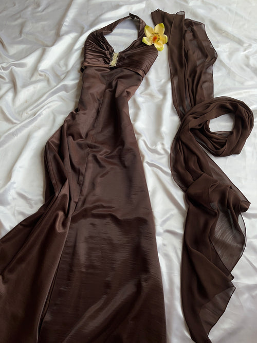Brown 90s dress with matching brown scarf