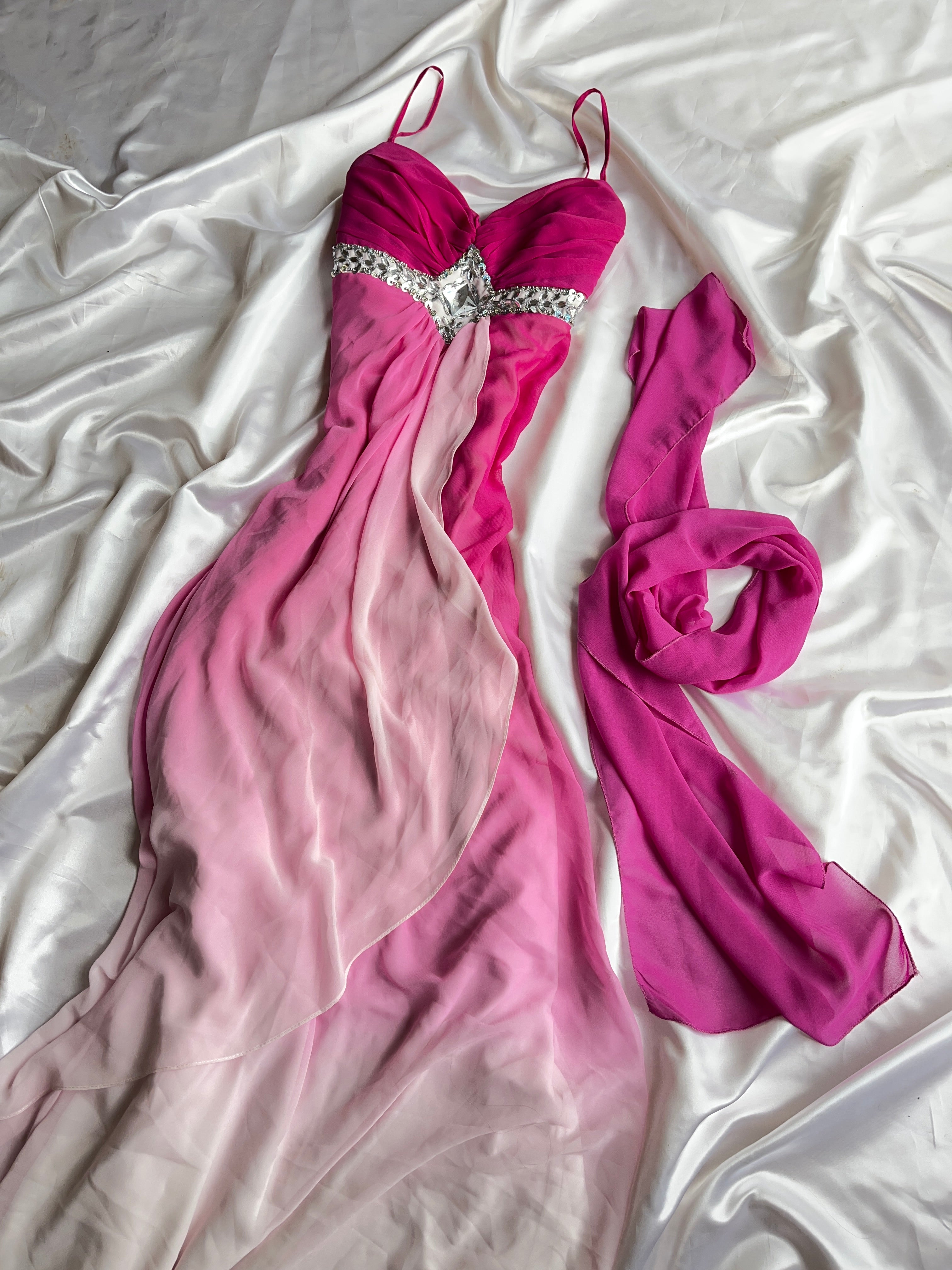 Vintage crystal pink detail prom dress with + matching scarf