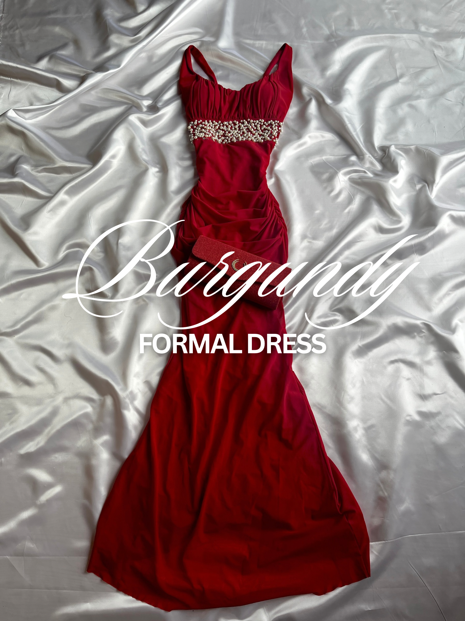 Burgundy Peral formal elegant detailed dress + matching sparkling red purse