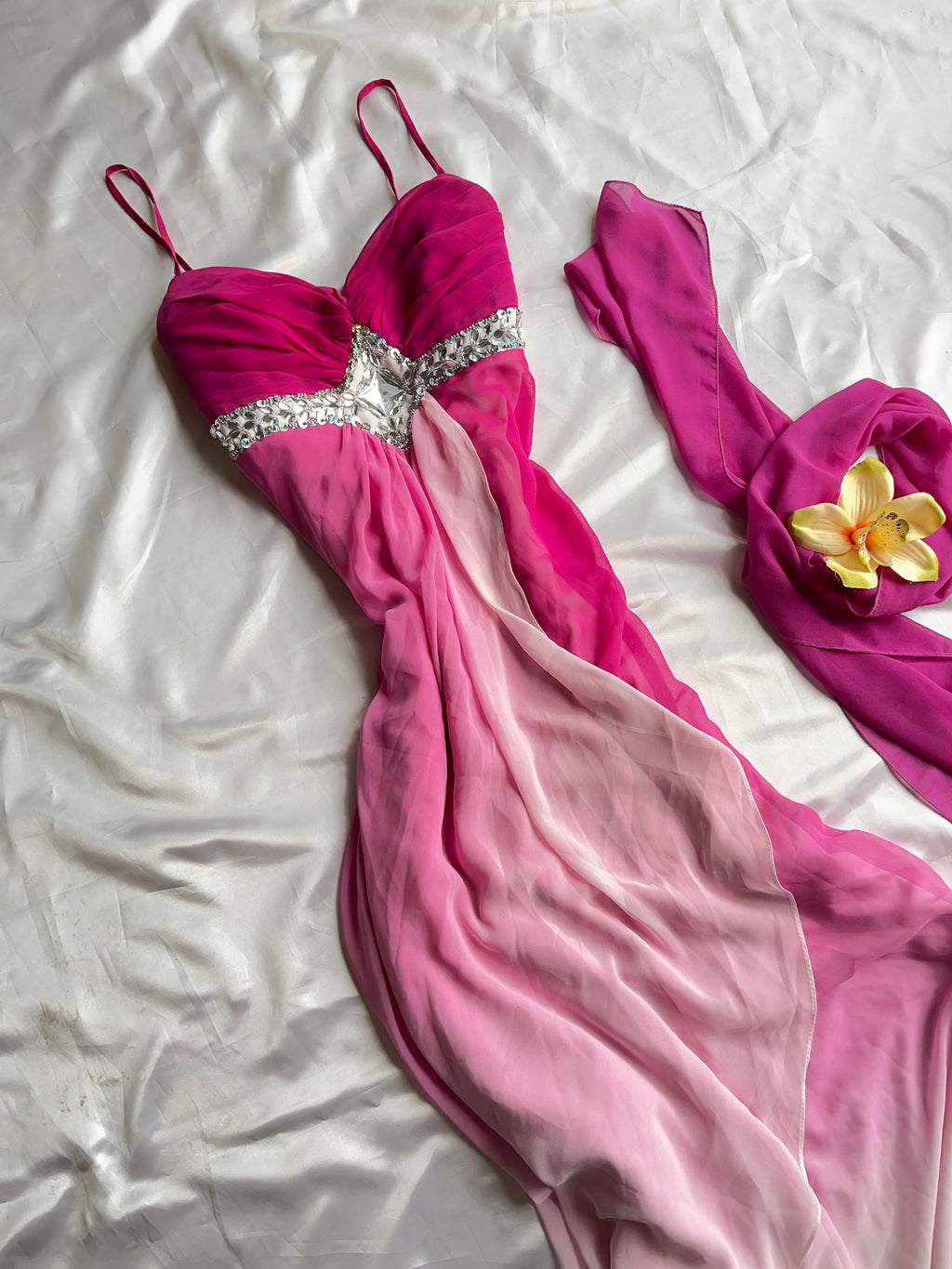 Vintage crystal pink detail prom dress with + matching scarf