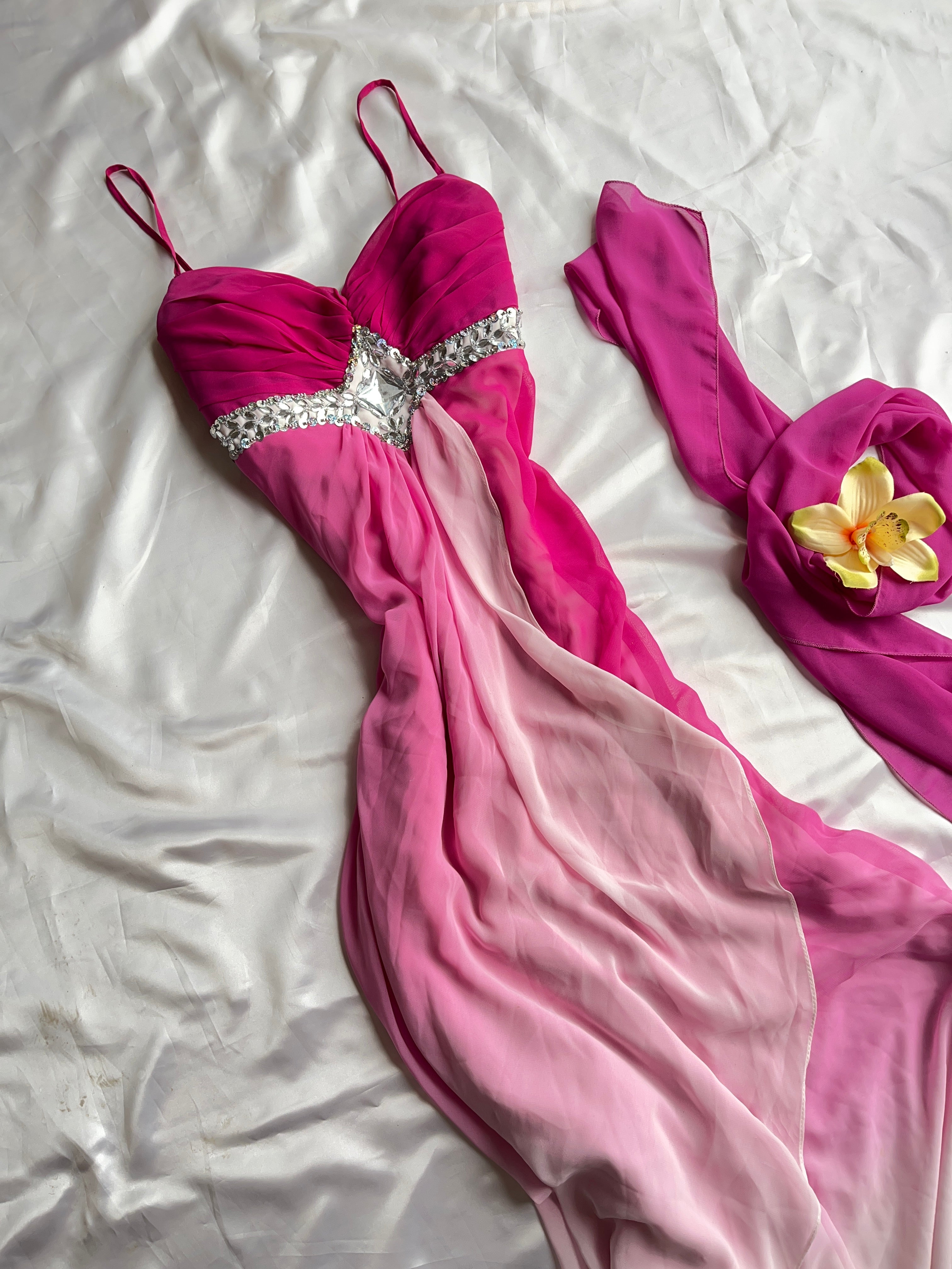 Vintage crystal pink detail prom dress with + matching scarf