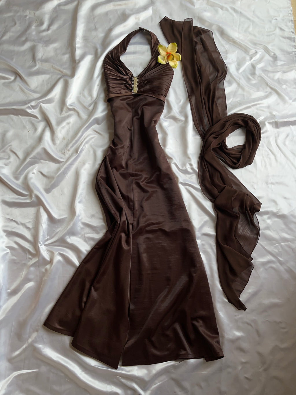 Brown 90s dress with matching brown scarf