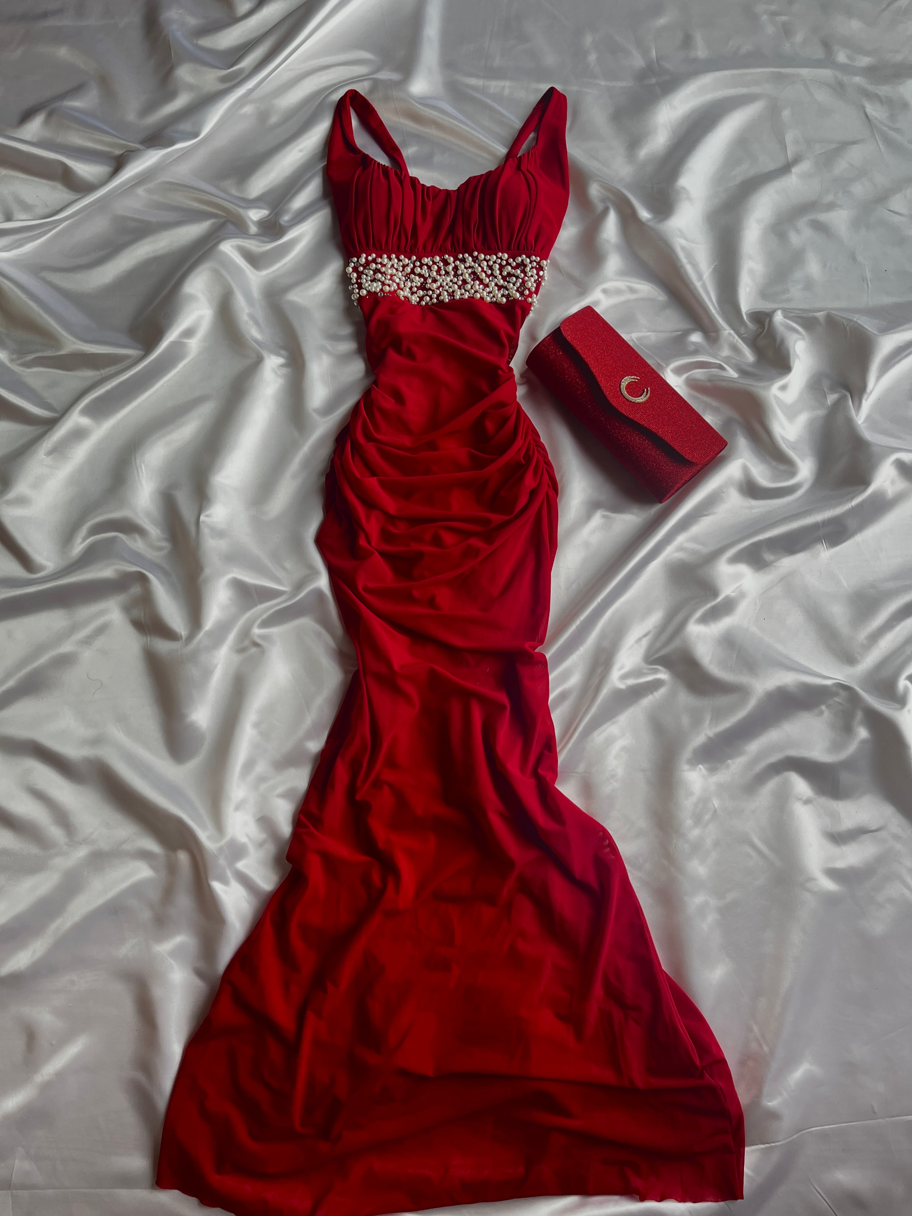 Burgundy Peral formal elegant detailed dress + matching sparkling red purse