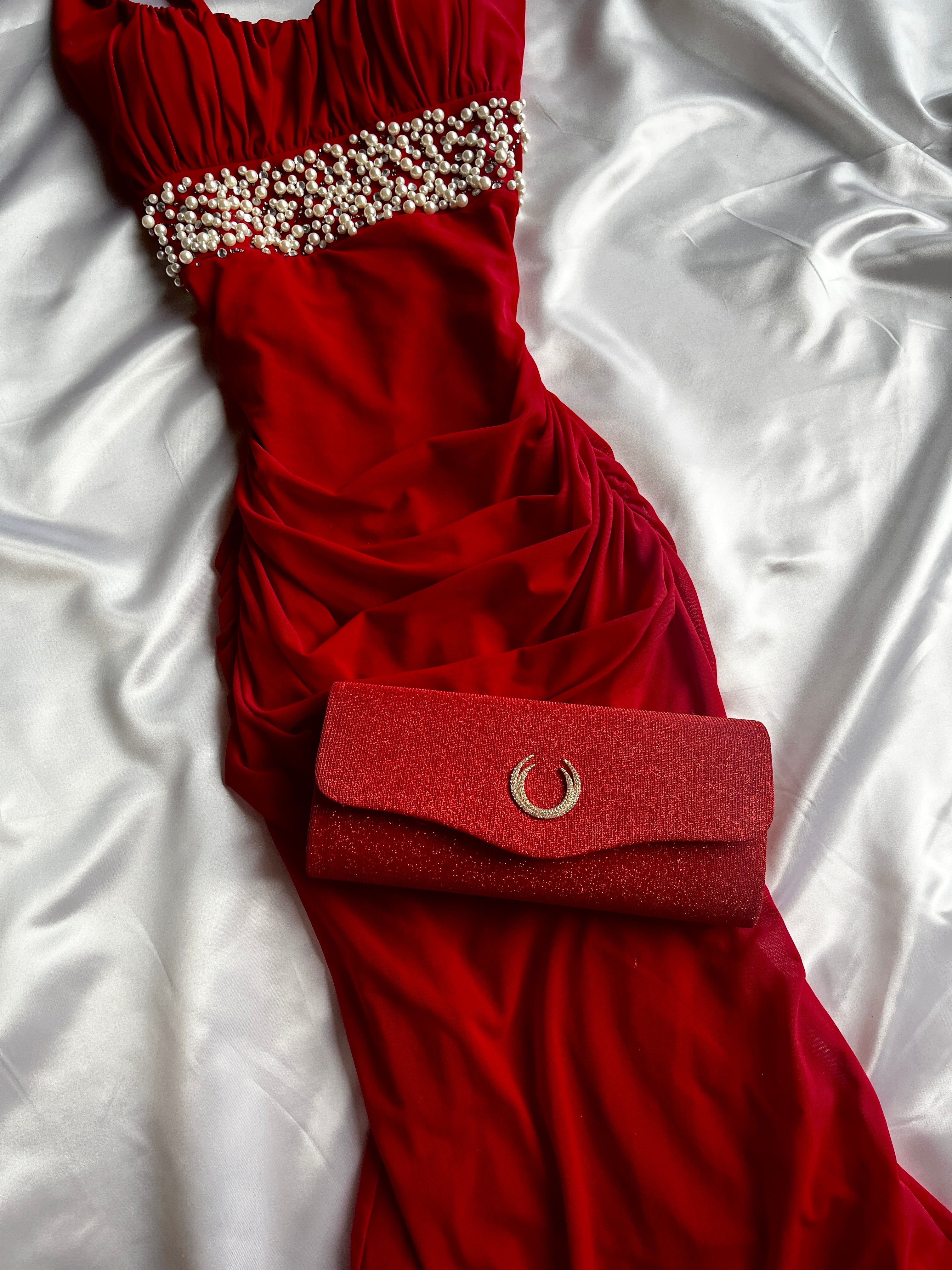 Burgundy Peral formal elegant detailed dress + matching sparkling red purse