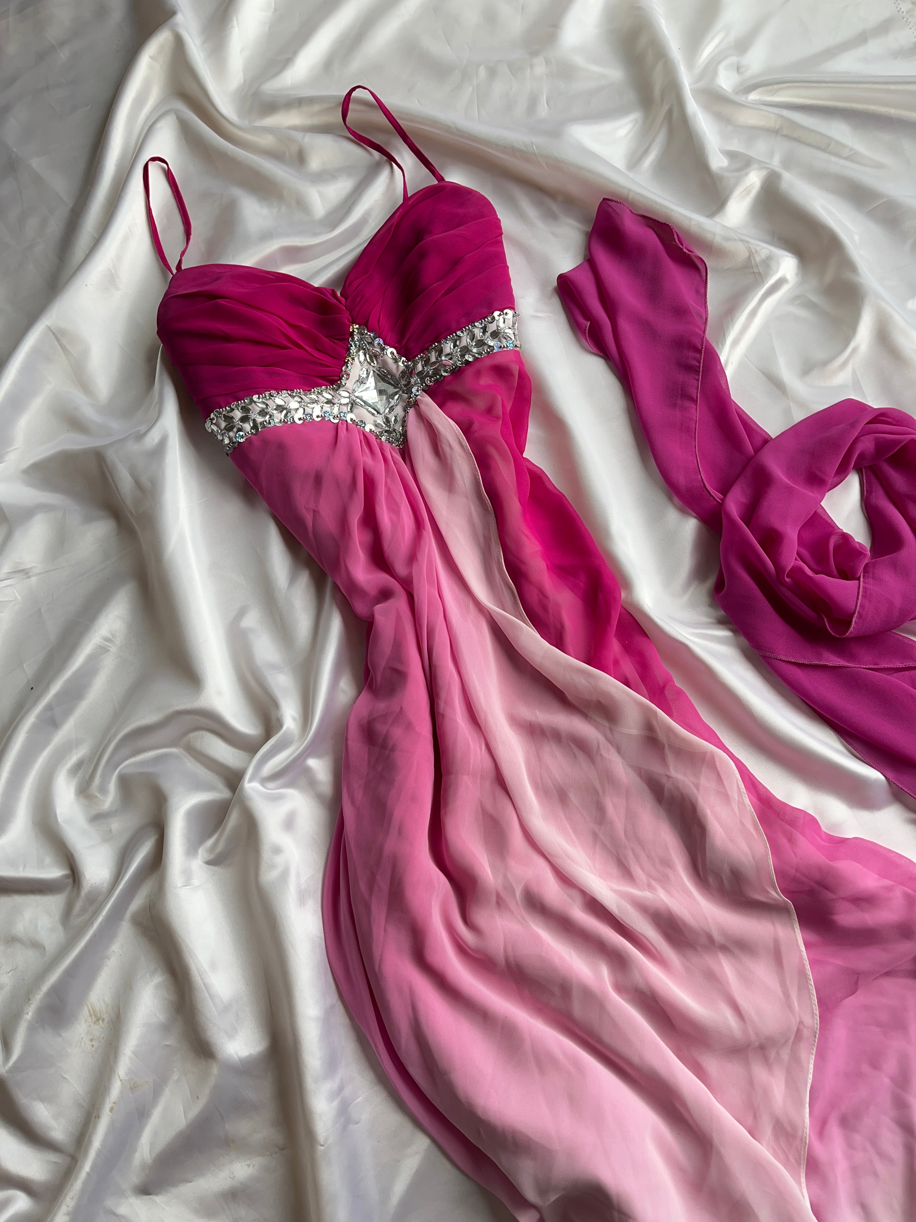 Vintage crystal pink detail prom dress with + matching scarf