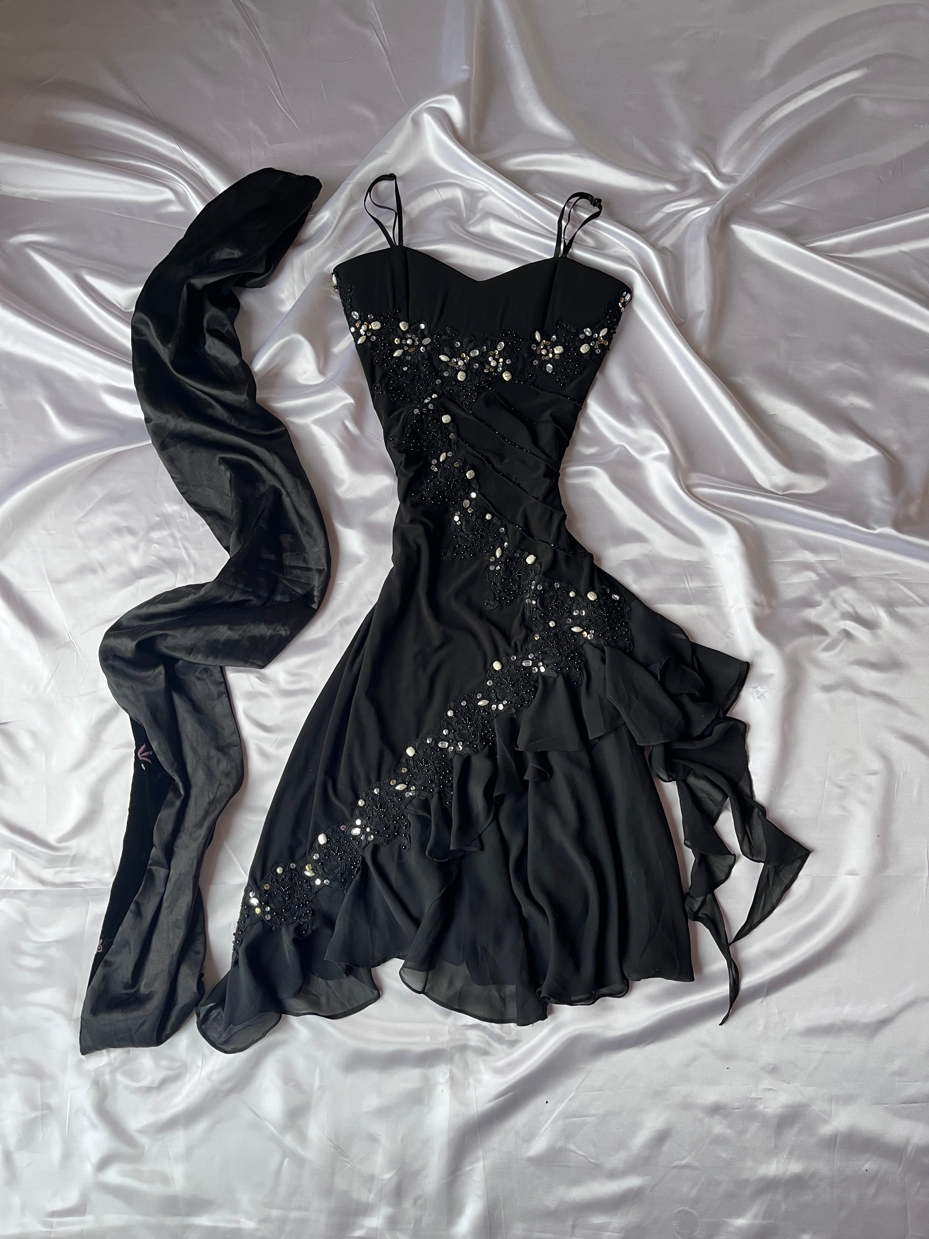 Elegant Black sparkly night dress + matching detailed dress scarf