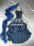 Beautiful Viral navy blue high-low style prom dress + scarf