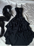 Beautiful Viral black high-low style prom dress + scarf