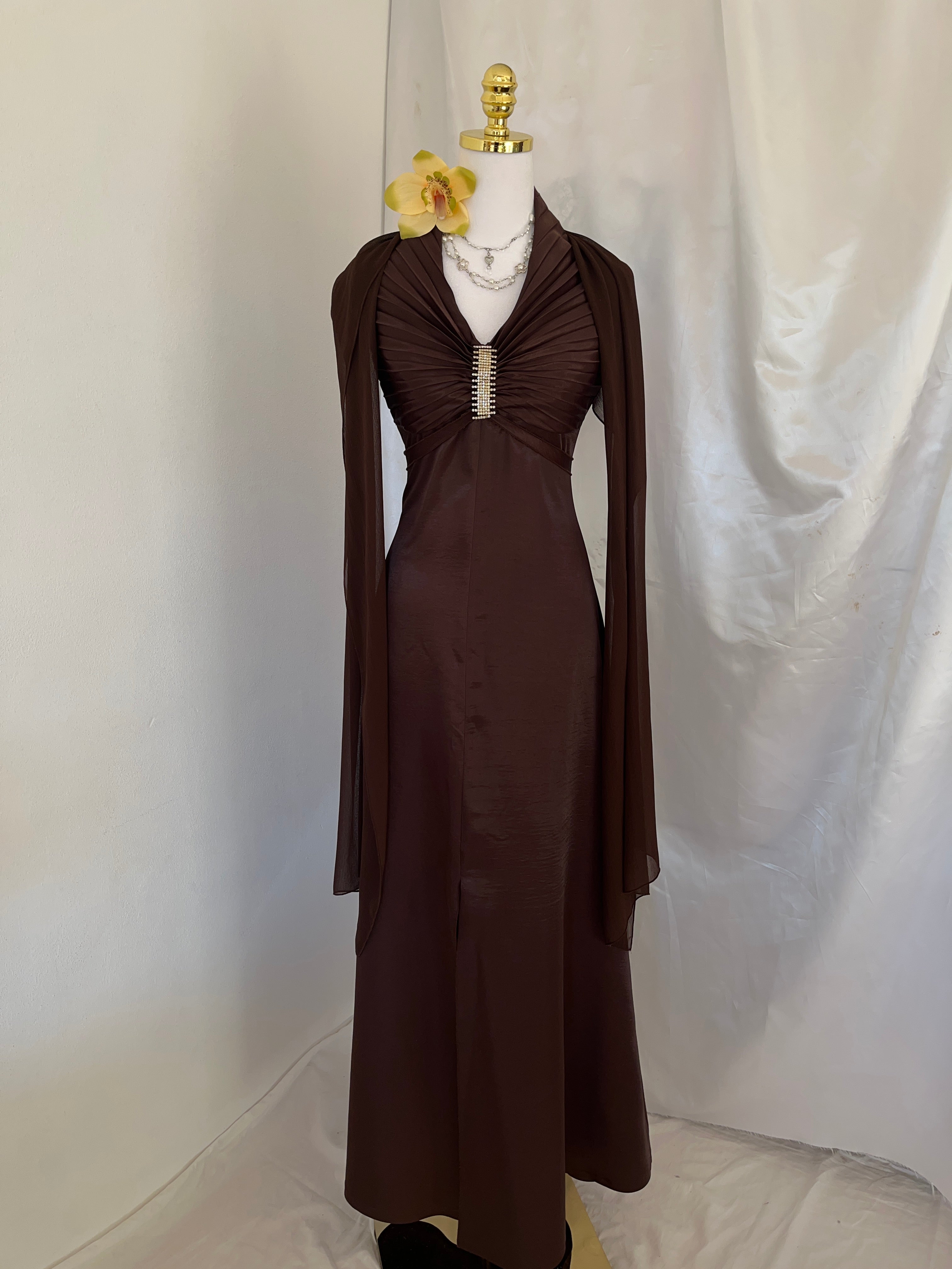 Brown 90s dress with matching brown scarf